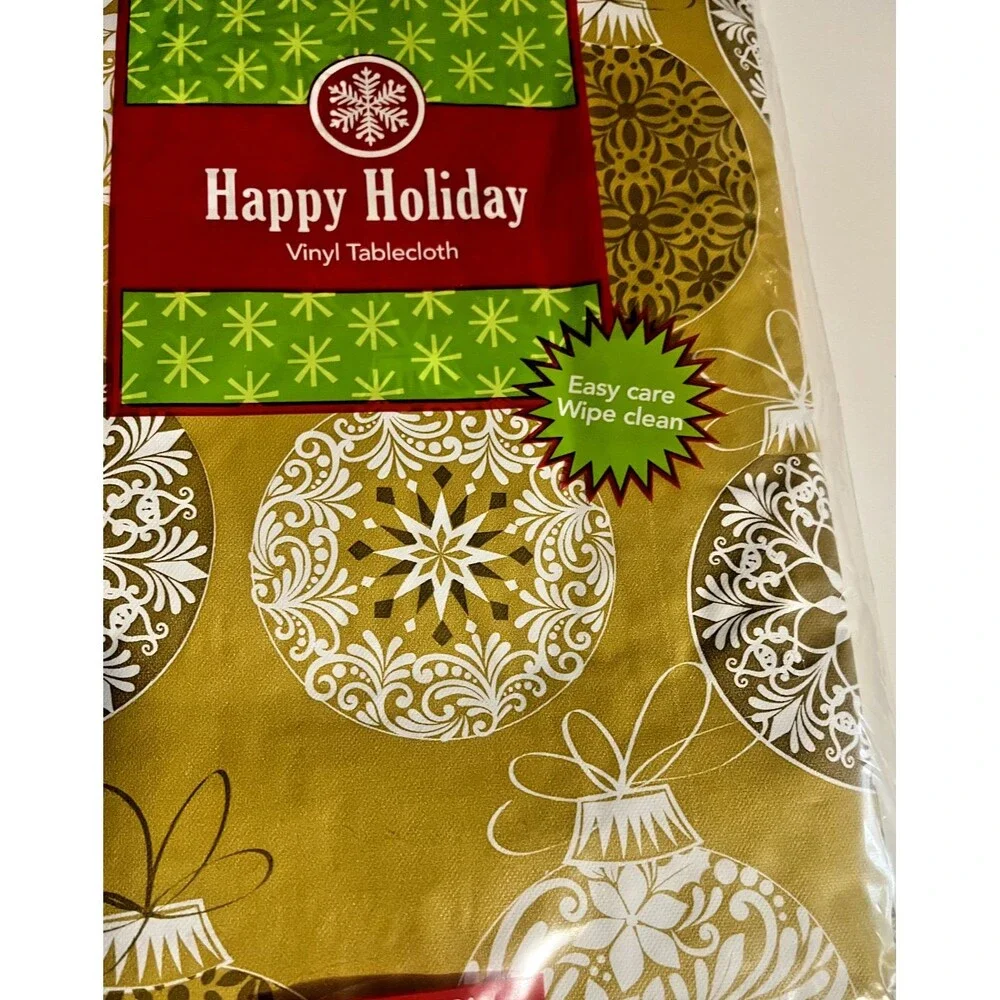 Christmas Ball Ornaments Gold Vinyl Tablecloth Flannel Backed Holiday 52x90